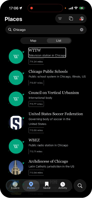 Wikipedia Places list search results for Chicago with distances beside each result.