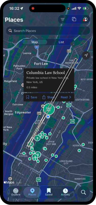 Wikipedia Places map card for Columbia Law School with map pins and actions.