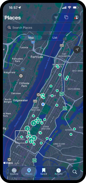 Wikipedia Places map view with many location pins across the map.